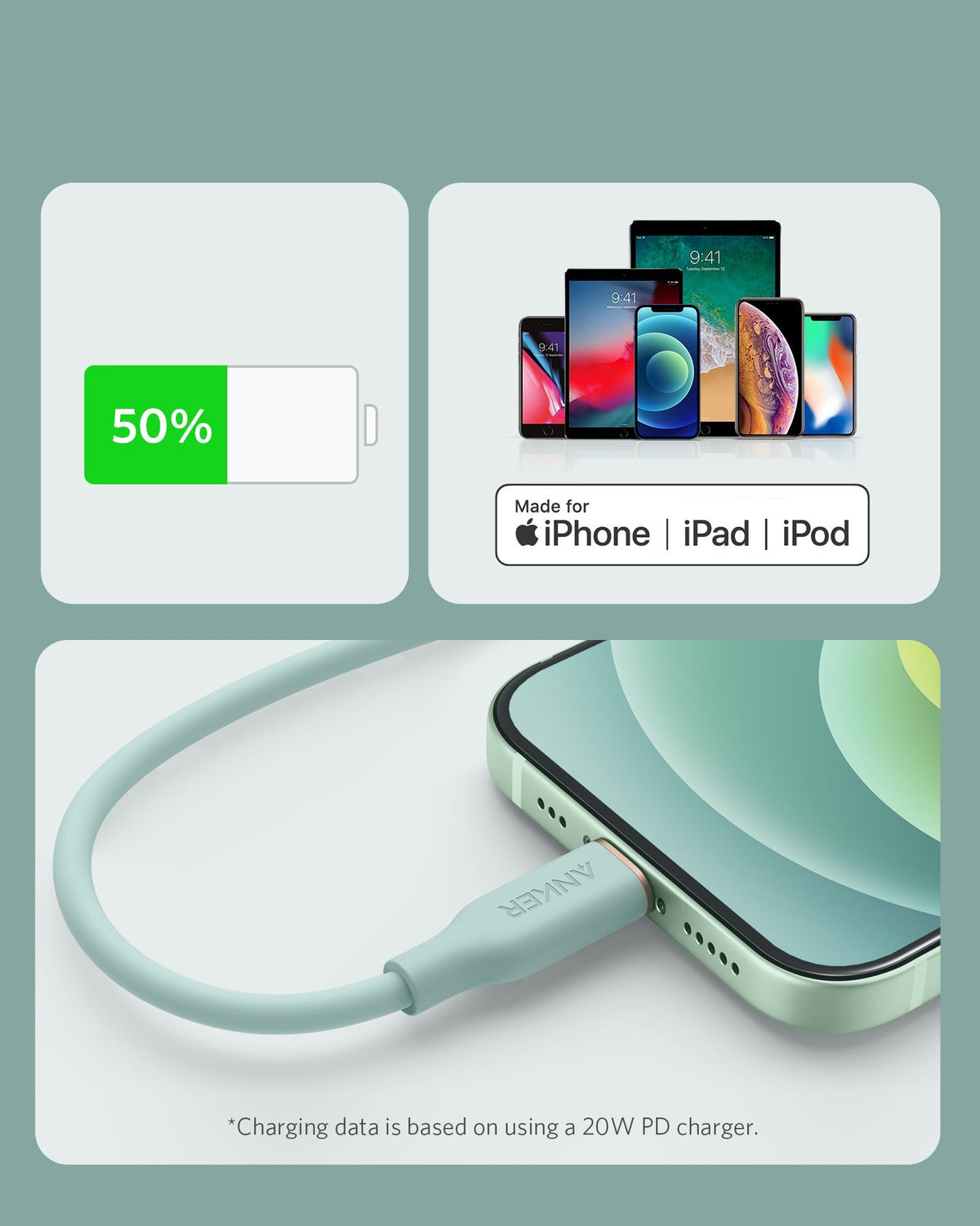 Anker <b>641</b> USB-C to Lightning Cable (Flow, 3 ft Silicone) - The Coin Has A Say