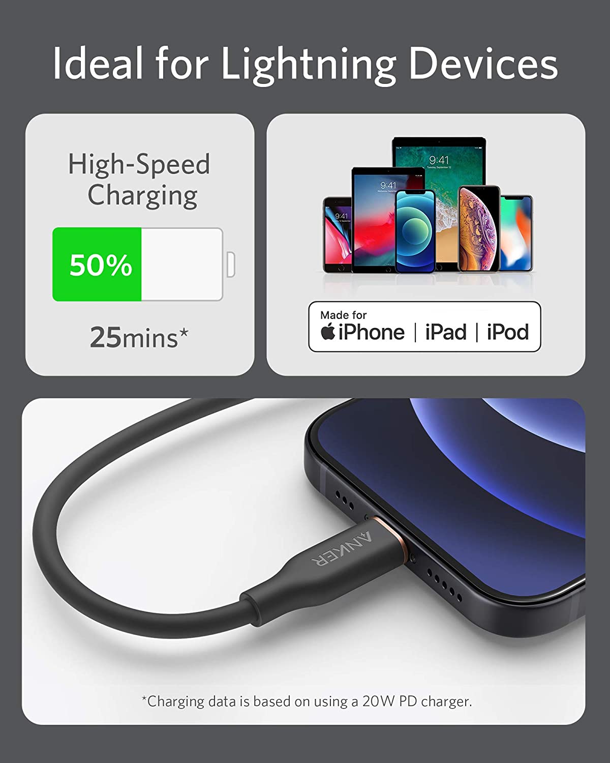 Anker <b>641</b> USB-C to Lightning Cable (Flow, 3 ft Silicone) - The Coin Has A Say