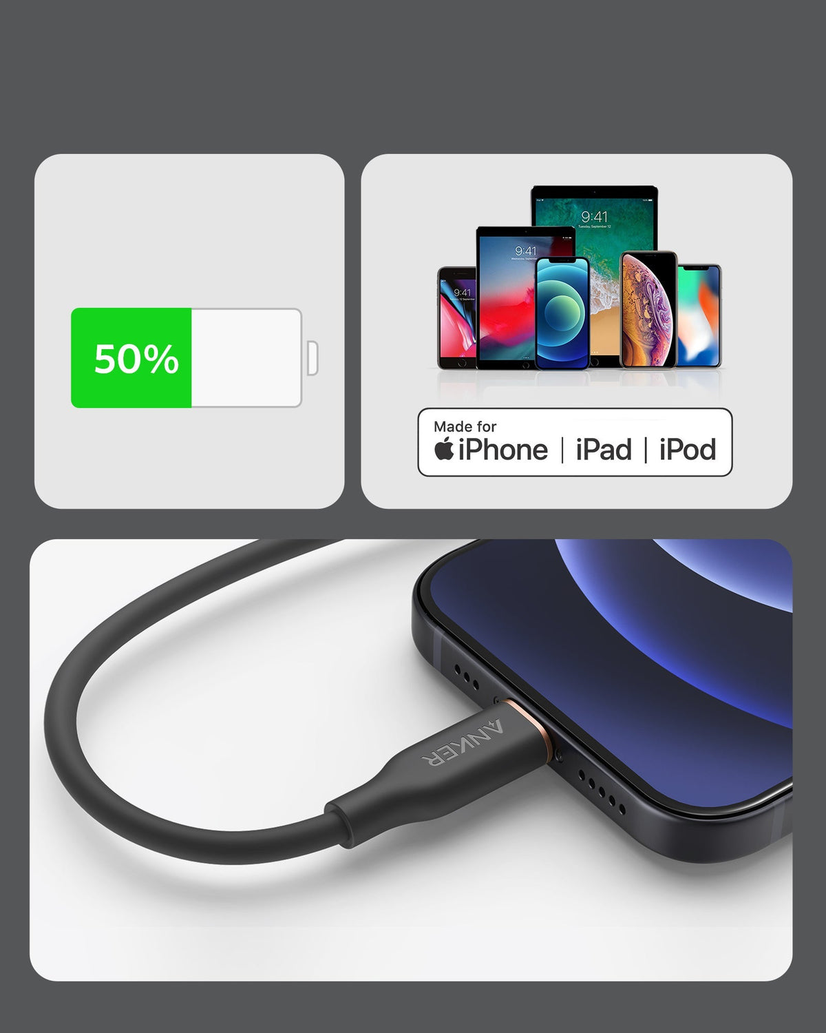Anker <b>641</b> USB-C to Lightning Cable (Flow, 3 ft Silicone) - The Coin Has A Say