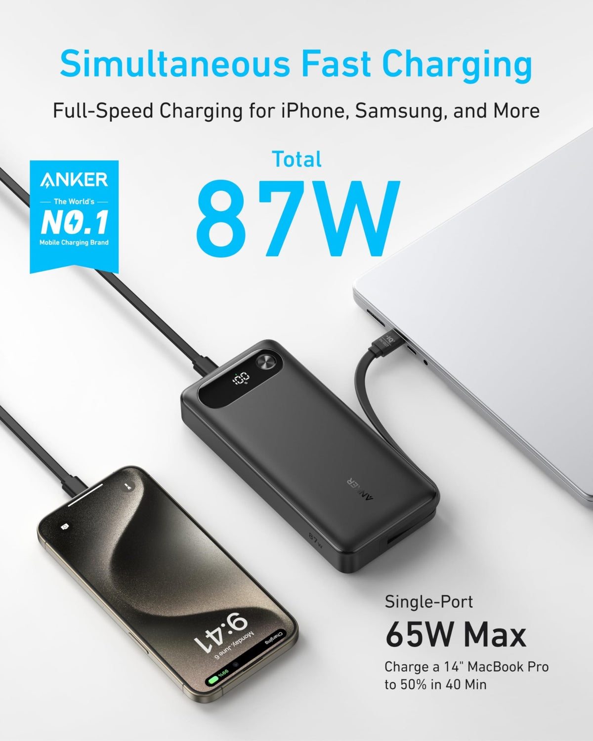 Anker Power Bank (20K, 87W, Built-In USB-C Cable) - The Coin Has A Say