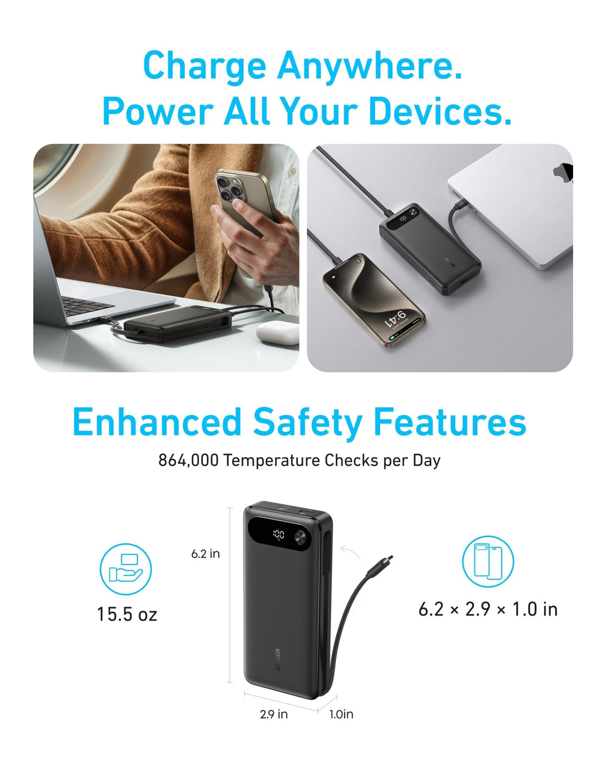 Anker Power Bank (20K, 87W, Built-In USB-C Cable) - The Coin Has A Say