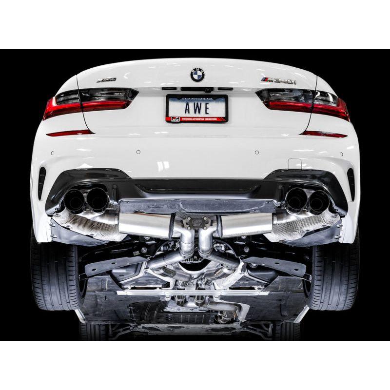 AWE Tuning 2019+ BMW M340i (G20) Resonated Touring Edition Exhaust - Quad Diamond Black Tips - The Coin Has A Say