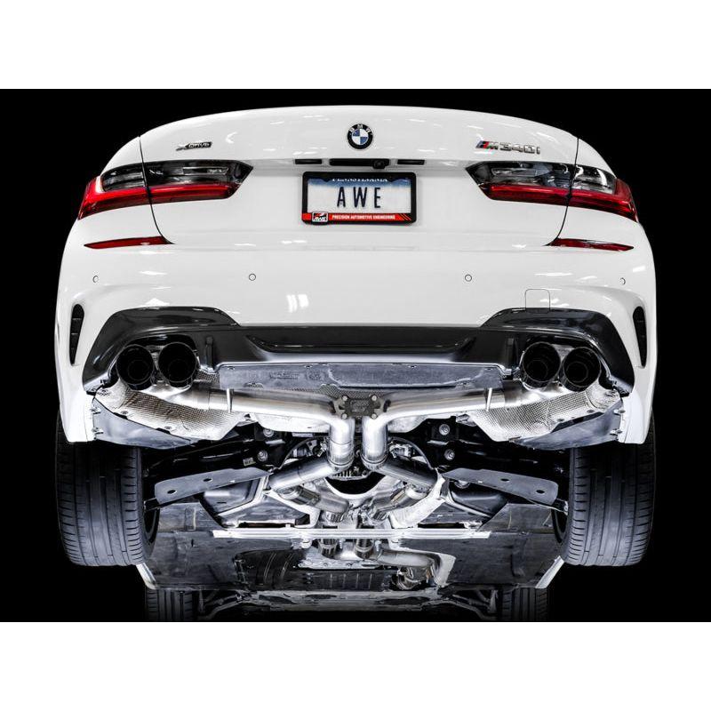 AWE Tuning 2019+ BMW M340i (G20) Track Edition Exhaust - Quad Diamond Black Tips - The Coin Has A Say