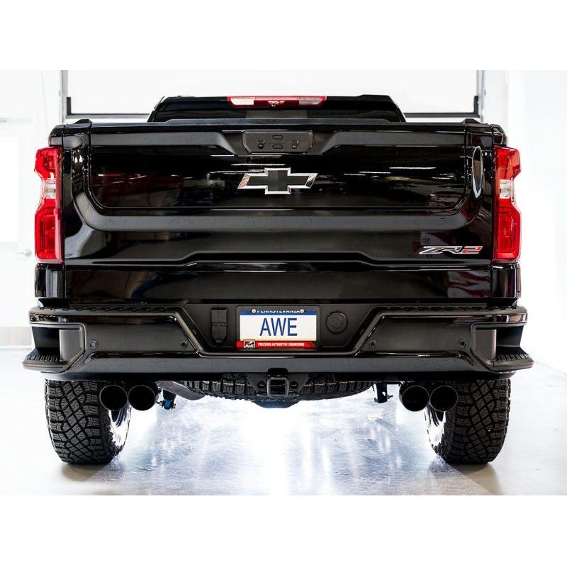 AWE Tuning 22-23 GMC Sierra 1500 AT4X 6.2L 0FG Catback Split Dual (Flat Bumper) - Diamond Black Tips - The Coin Has A Say