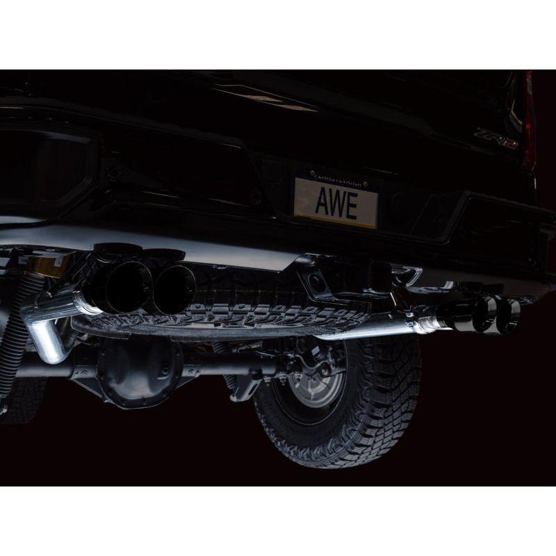 AWE Tuning 22-23 GMC Sierra 1500 AT4X 6.2L 0FG Catback Split Dual (Flat Bumper) - Diamond Black Tips - The Coin Has A Say