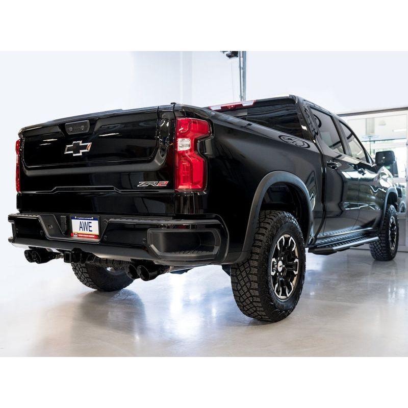 AWE Tuning 22-23 GMC Sierra 1500 AT4X 6.2L 0FG Catback Split Dual (Flat Bumper) - Diamond Black Tips - The Coin Has A Say