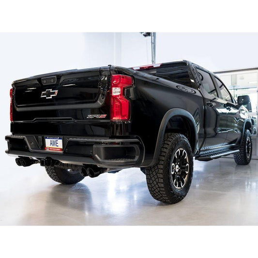 AWE Tuning 22-23 GMC Sierra 1500 AT4X 6.2L 0FG Catback Split Dual (Flat Bumper) - Diamond Black Tips - The Coin Has A Say