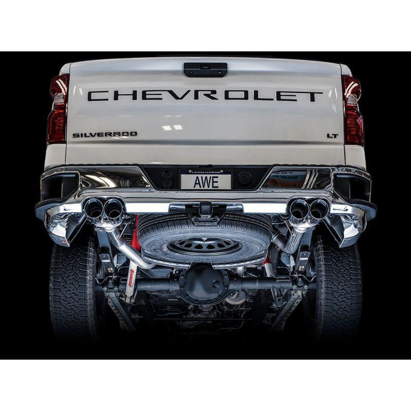 AWE Tuning 4th Gen GM 1500 5.3L 0FG Catback Split Rear Exit (w/ Bumper Cutouts) - Quad Chrome Tips - The Coin Has A Say