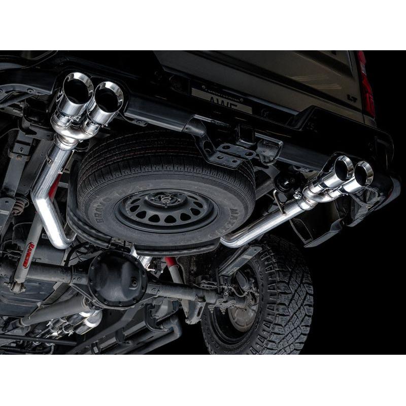 AWE Tuning 4th Gen GM 1500 6.2L 0FG Catback Split Rear Exit (w/ Bumper Cutouts) - Quad Chrome Tips - The Coin Has A Say