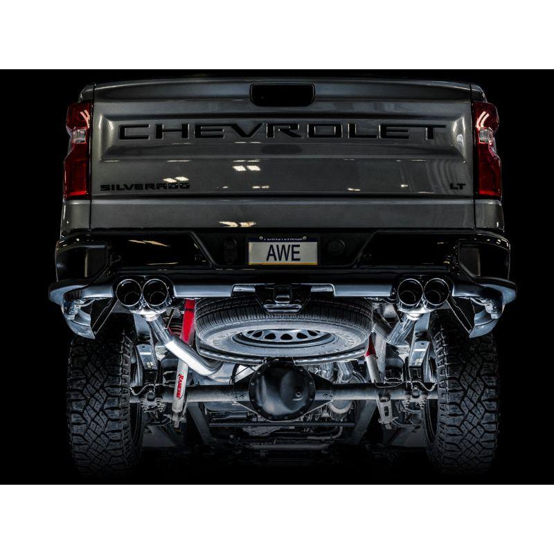 AWE Tuning 4th Gen GM 1500 6.2L 0FG Catback Split Rear Exit (w/ Bumper Cutouts) - Quad Chrome Tips - The Coin Has A Say