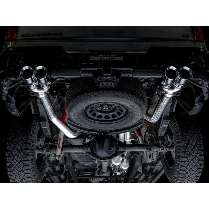 AWE Tuning 4th Gen GM 1500 6.2L 0FG Catback Split Rear Exit (w/ Bumper Cutouts) - Quad Chrome Tips - The Coin Has A Say