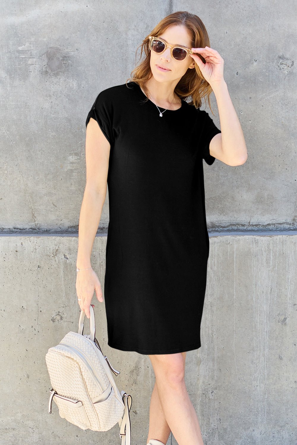 Basic Bae Bamboo Full Size Round Neck Short Sleeve Dress with Pockets - The Coin Has A Say
