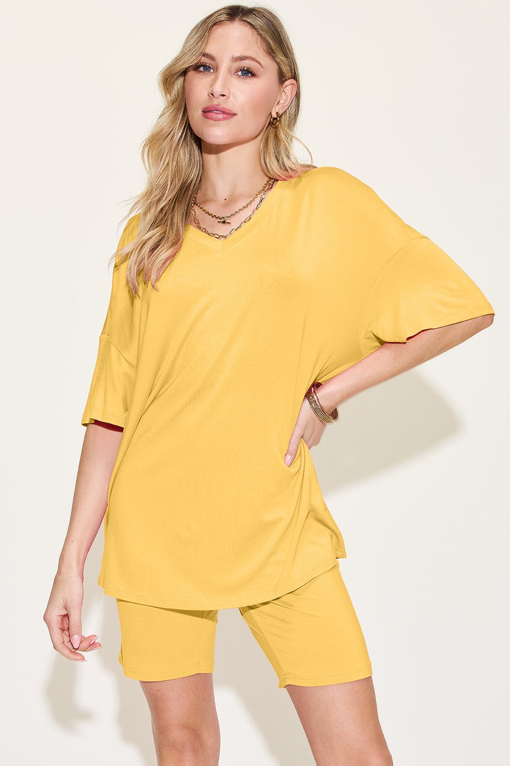 Basic Bae Bamboo Full Size V-Neck Drop Shoulder T-Shirt and Shorts Set - The Coin Has A Say