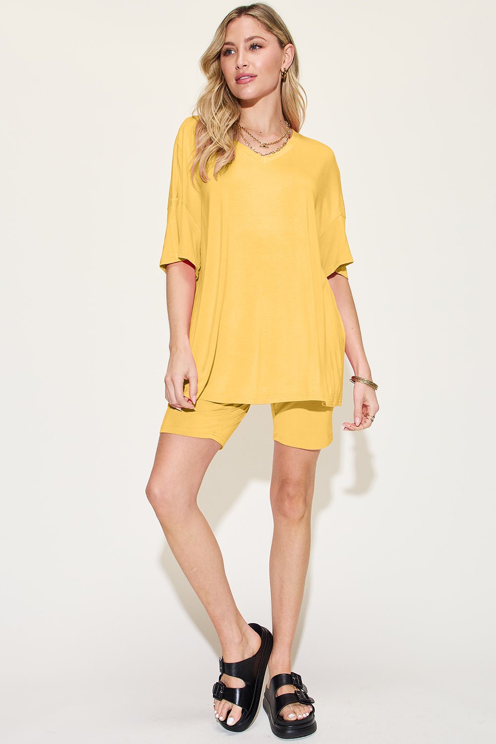 Basic Bae Bamboo Full Size V-Neck Drop Shoulder T-Shirt and Shorts Set - The Coin Has A Say