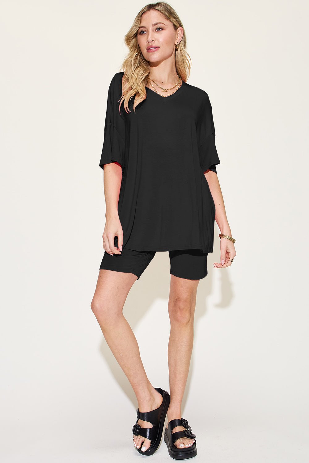 Basic Bae Bamboo Full Size V-Neck Drop Shoulder T-Shirt and Shorts Set - The Coin Has A Say