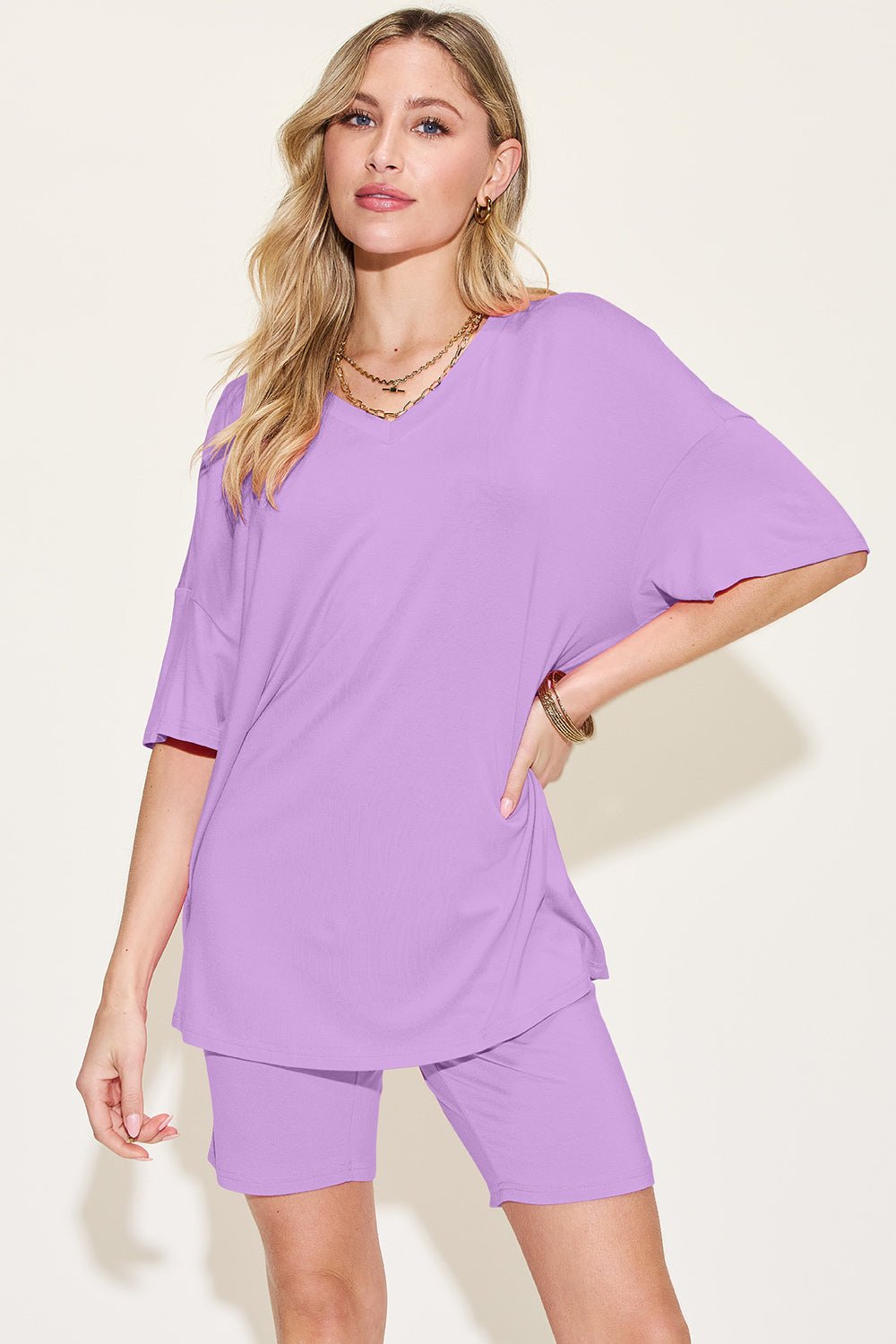 Basic Bae Bamboo Full Size V-Neck Drop Shoulder T-Shirt and Shorts Set - The Coin Has A Say