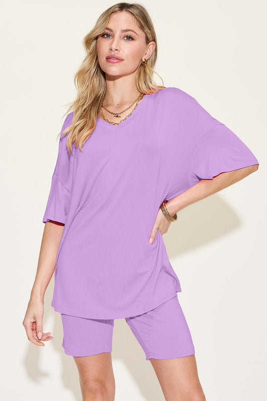Basic Bae Bamboo Full Size V-Neck Drop Shoulder T-Shirt and Shorts Set - The Coin Has A Say