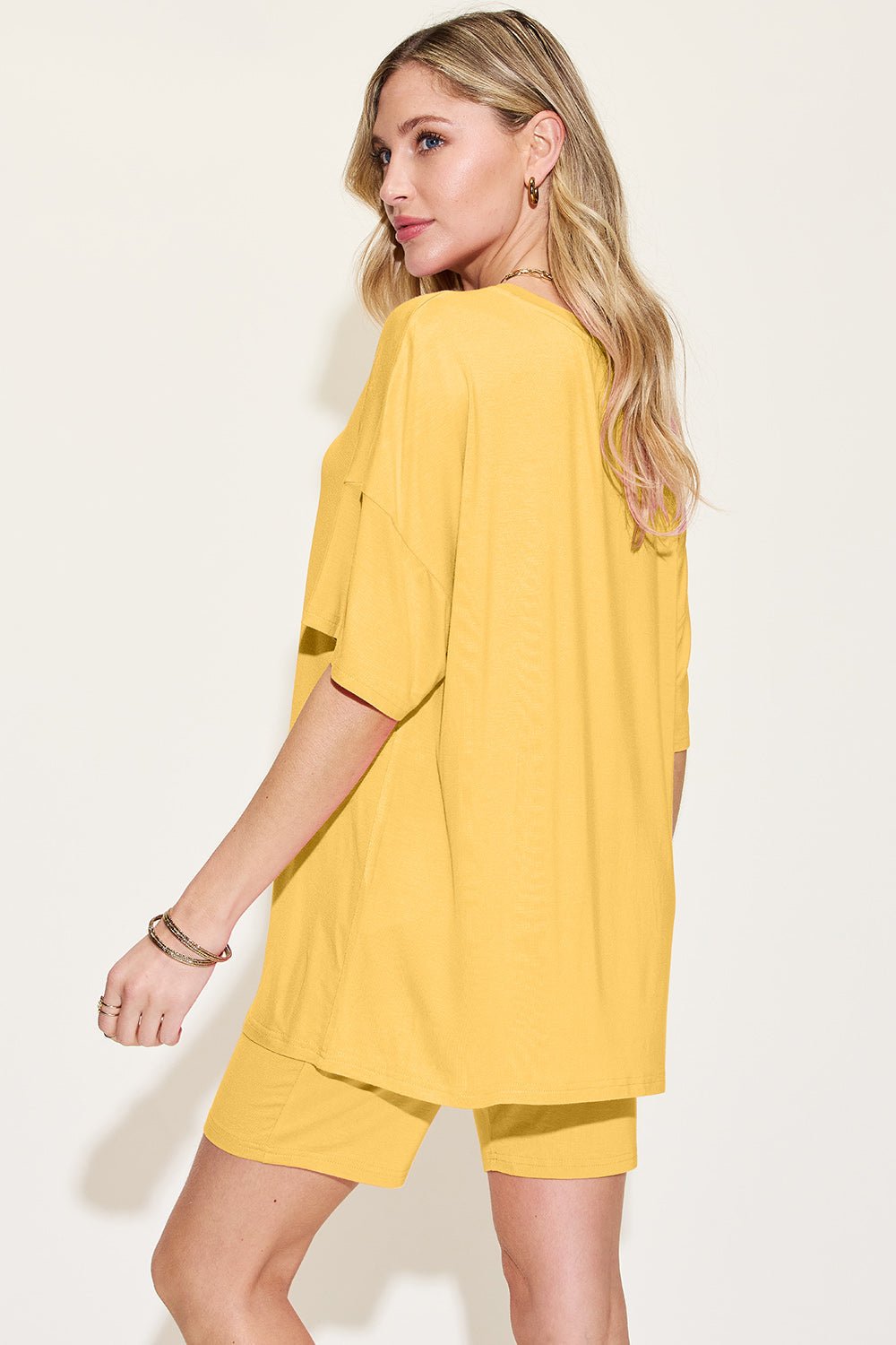 Basic Bae Bamboo Full Size V-Neck Drop Shoulder T-Shirt and Shorts Set - The Coin Has A Say
