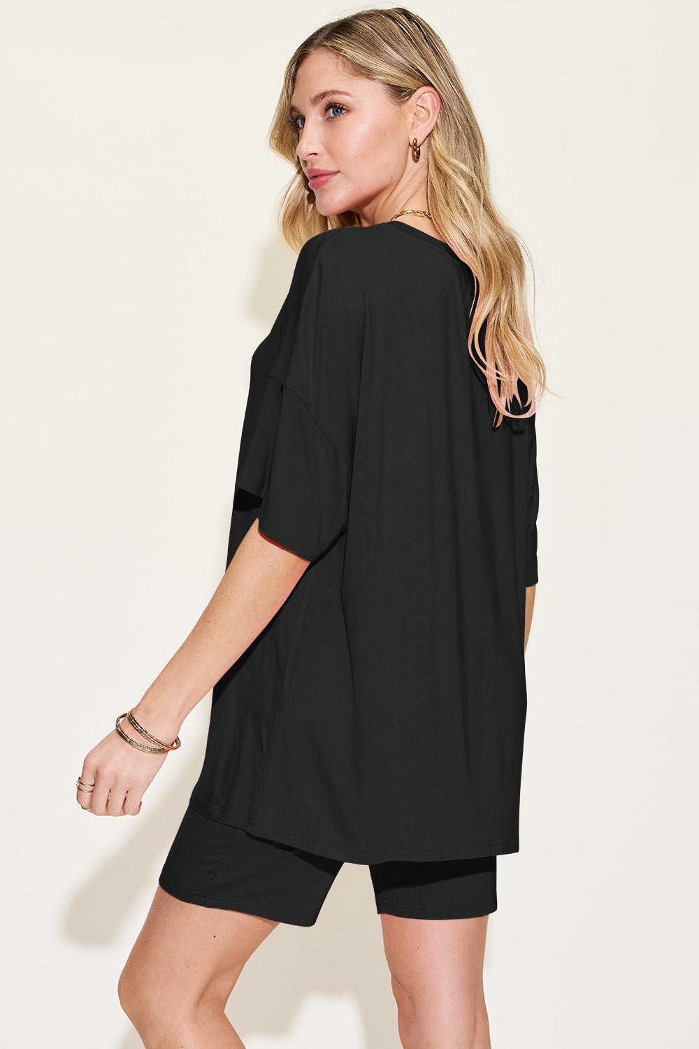 Basic Bae Bamboo Full Size V-Neck Drop Shoulder T-Shirt and Shorts Set - The Coin Has A Say