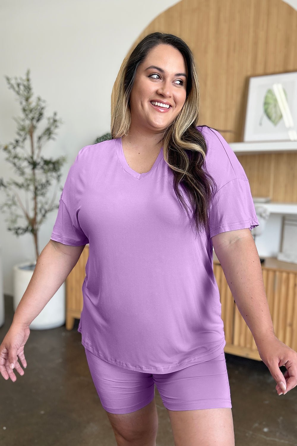 Basic Bae Bamboo Full Size V-Neck Drop Shoulder T-Shirt and Shorts Set - The Coin Has A Say