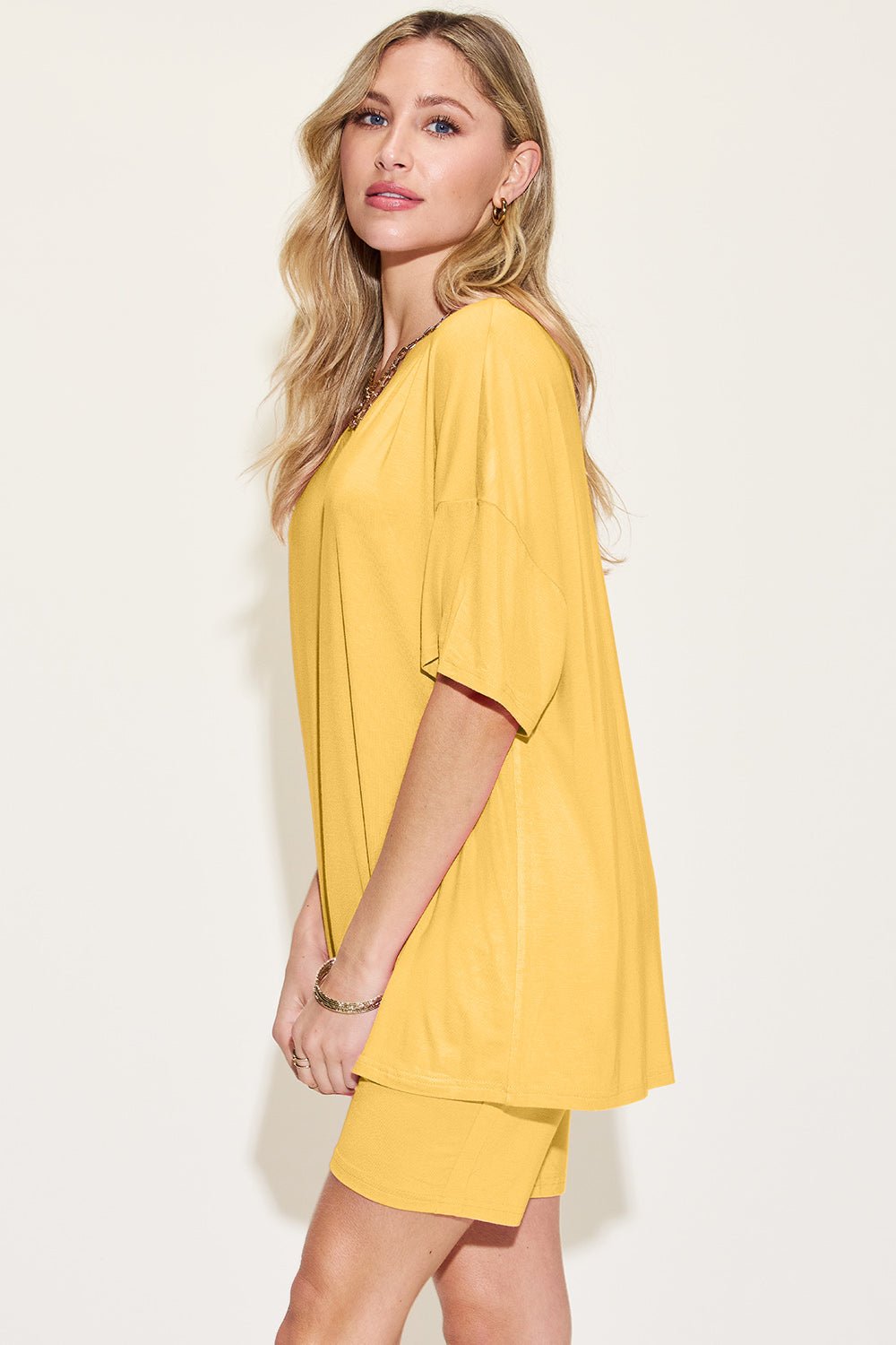 Basic Bae Bamboo Full Size V-Neck Drop Shoulder T-Shirt and Shorts Set - The Coin Has A Say