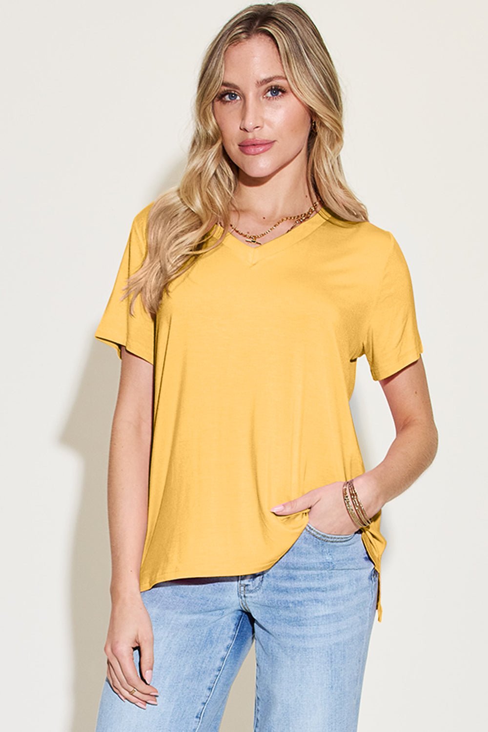 Basic Bae Bamboo Full Size V-Neck High-Low T-Shirt - The Coin Has A Say