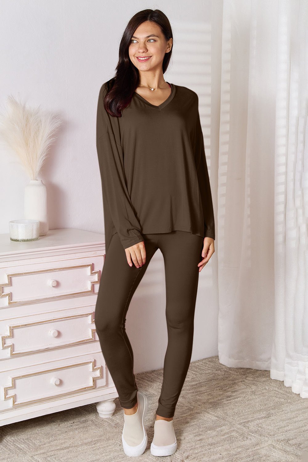Basic Bae Bamboo Full Size V-Neck Long Sleeve Top and Pants Lounge Set - The Coin Has A Say