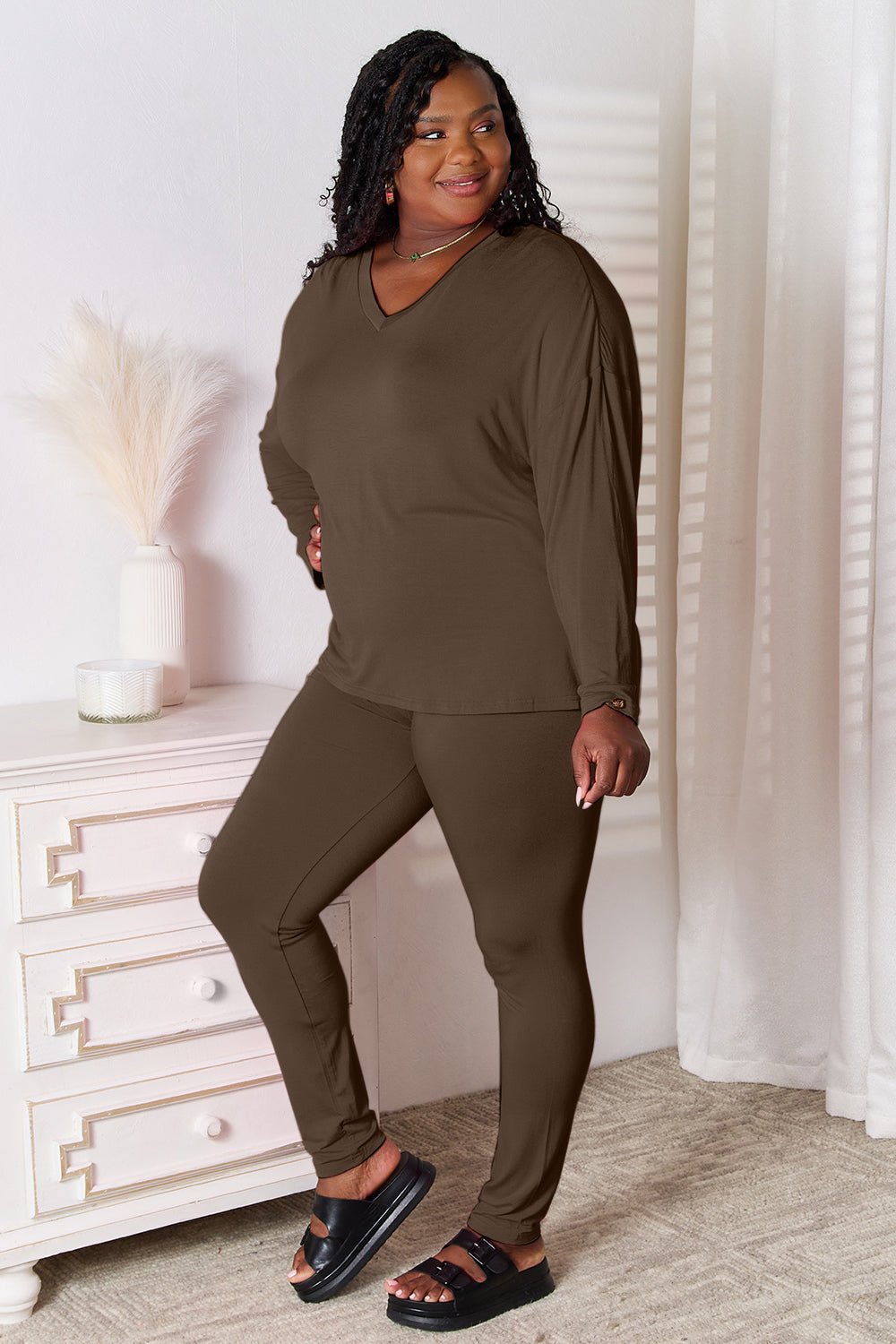 Basic Bae Bamboo Full Size V-Neck Long Sleeve Top and Pants Lounge Set - The Coin Has A Say