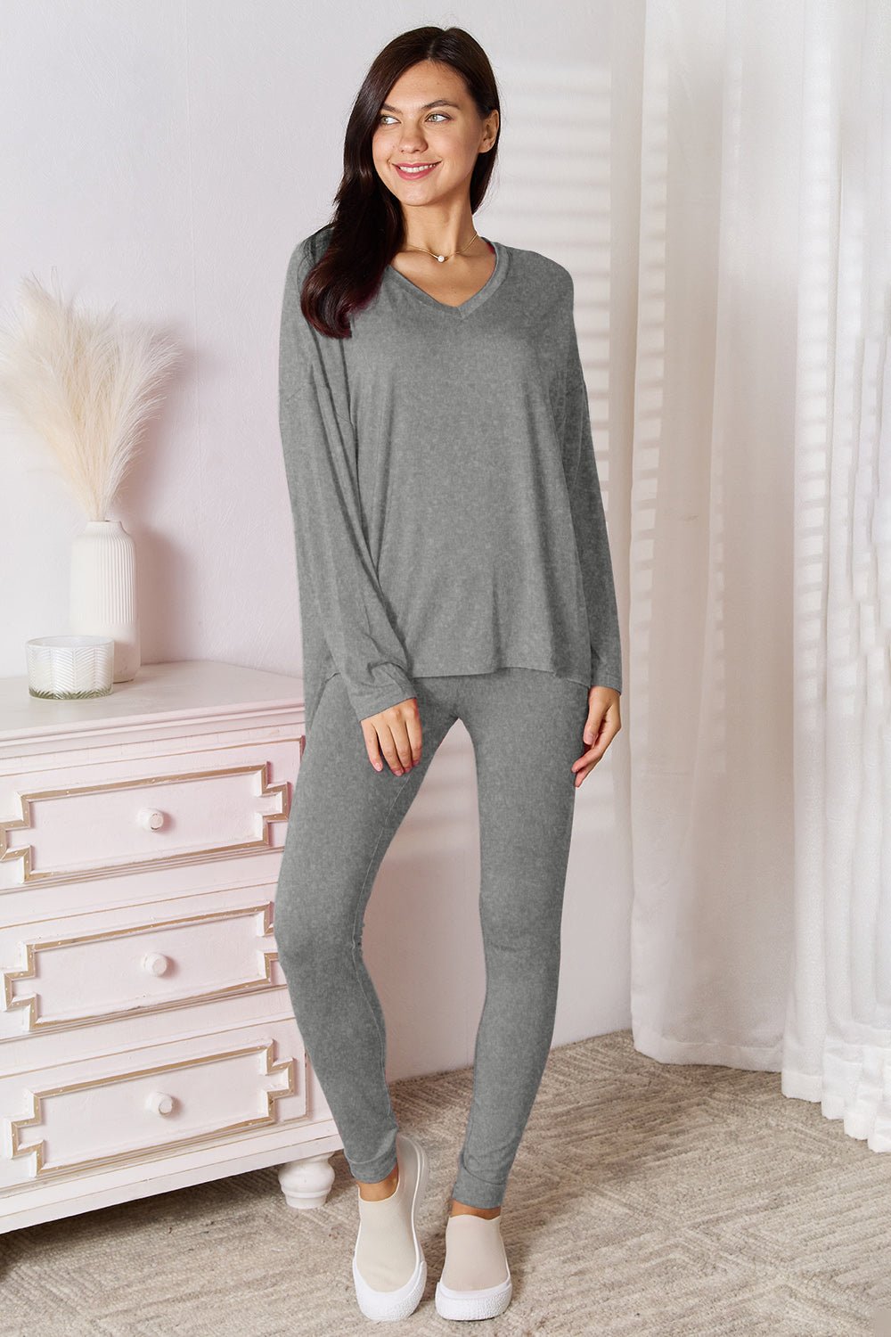 Basic Bae Bamboo Full Size V-Neck Long Sleeve Top and Pants Lounge Set - The Coin Has A Say