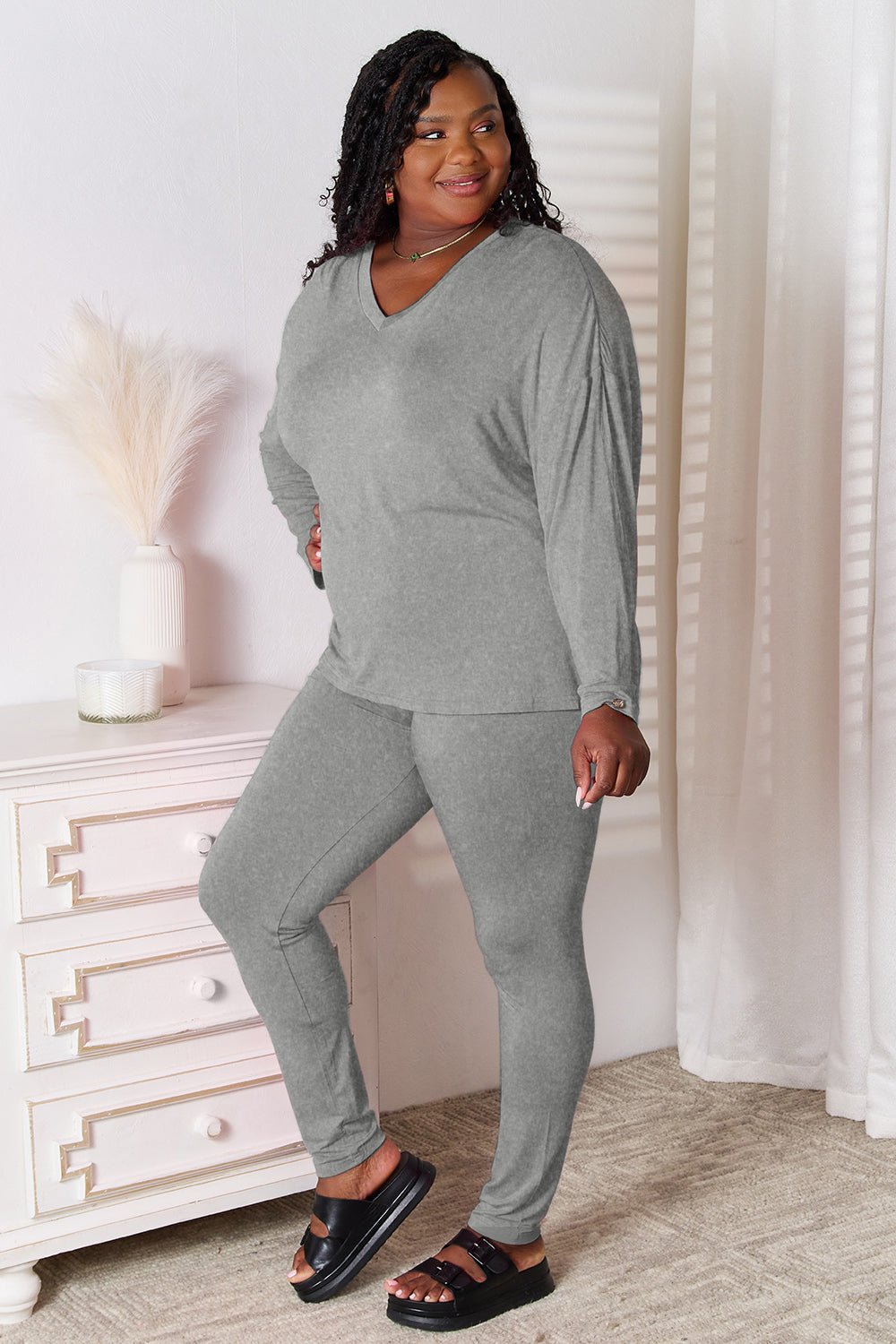 Basic Bae Bamboo Full Size V-Neck Long Sleeve Top and Pants Lounge Set - The Coin Has A Say