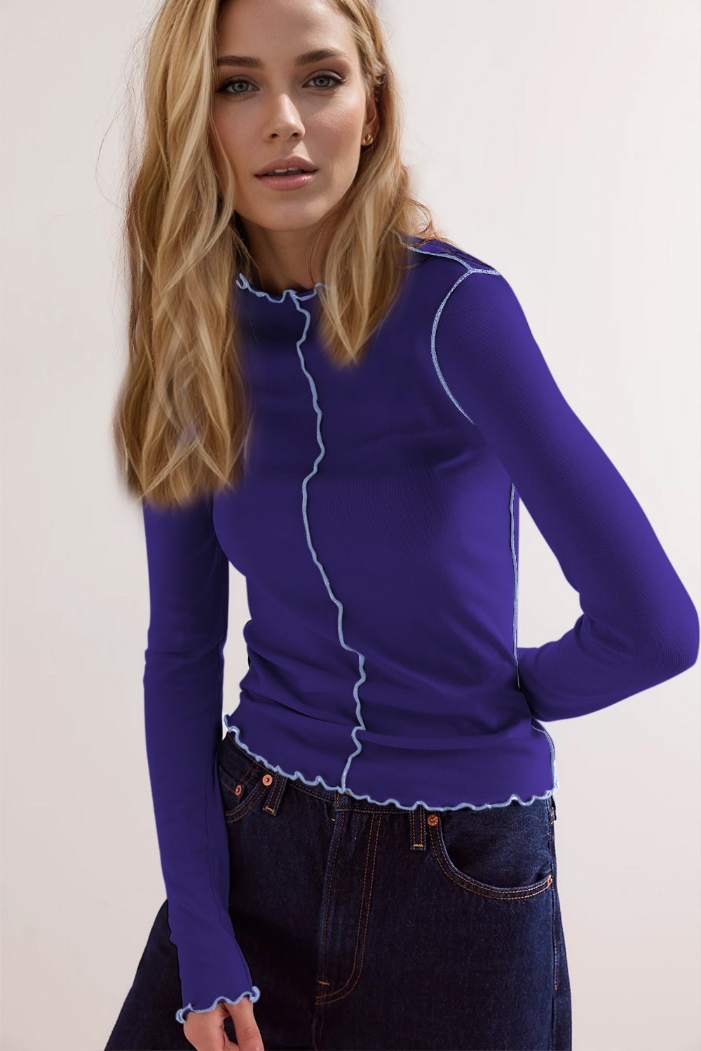 Basic Bae Contrast Trim Mock Neck Long Sleeve T-Shirt - The Coin Has A Say
