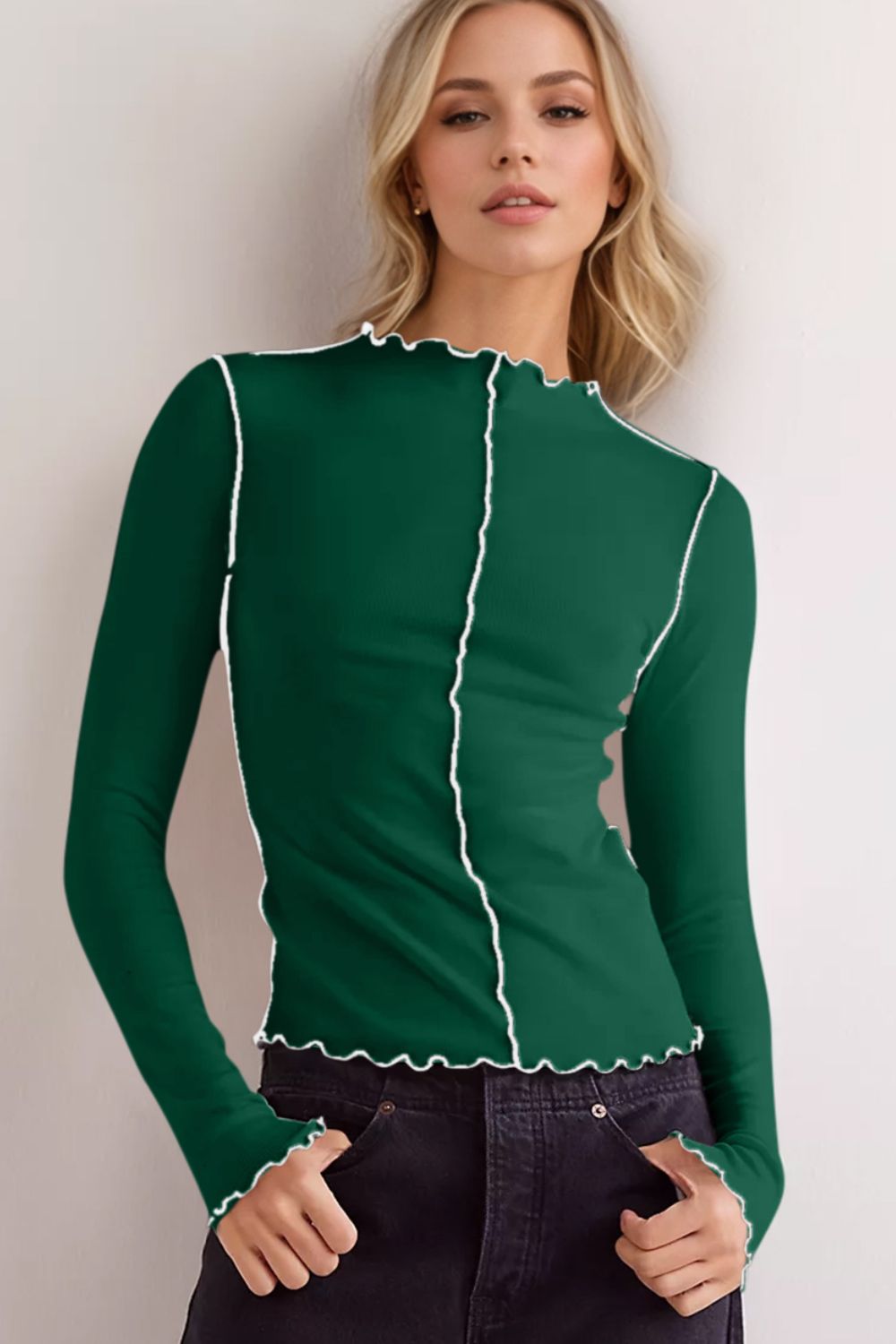 Basic Bae Contrast Trim Mock Neck Long Sleeve T-Shirt - The Coin Has A Say