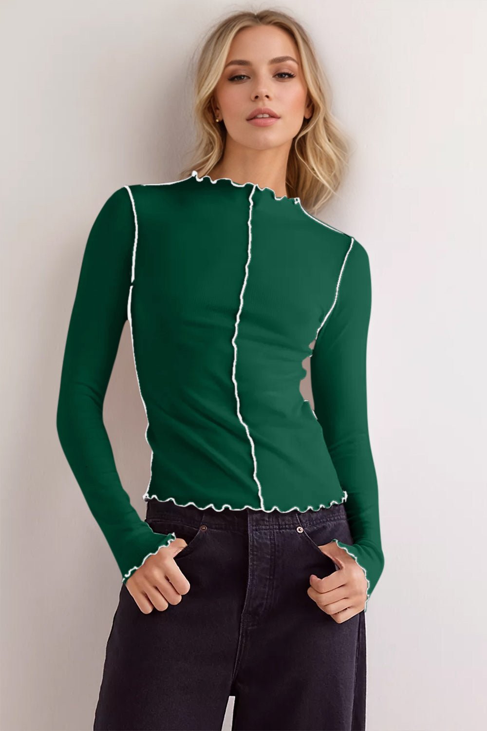 Basic Bae Contrast Trim Mock Neck Long Sleeve T-Shirt - The Coin Has A Say