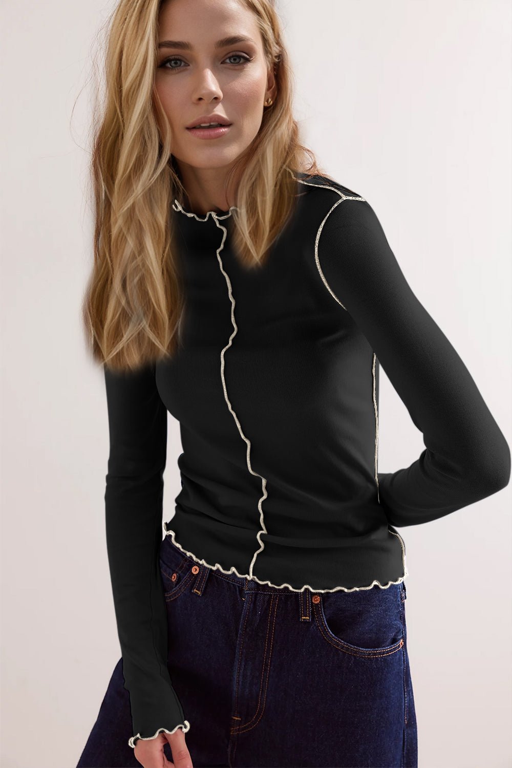 Basic Bae Contrast Trim Mock Neck Long Sleeve T-Shirt - The Coin Has A Say