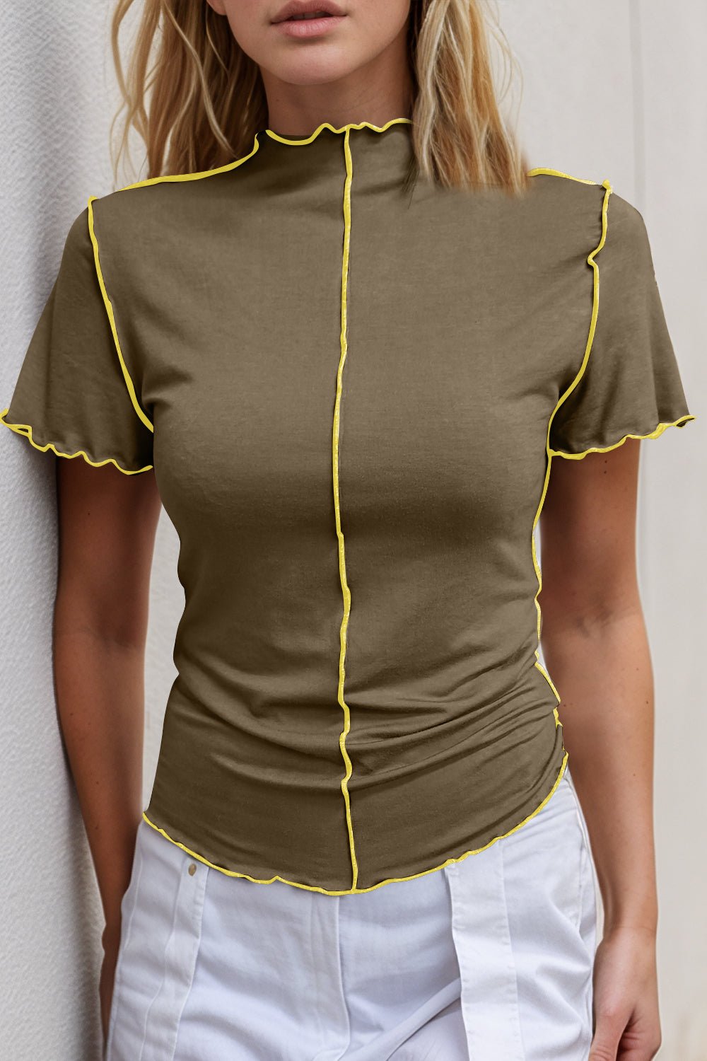 Basic Bae Contrast Trim Mock Neck Short Sleeve T-Shirt - The Coin Has A Say