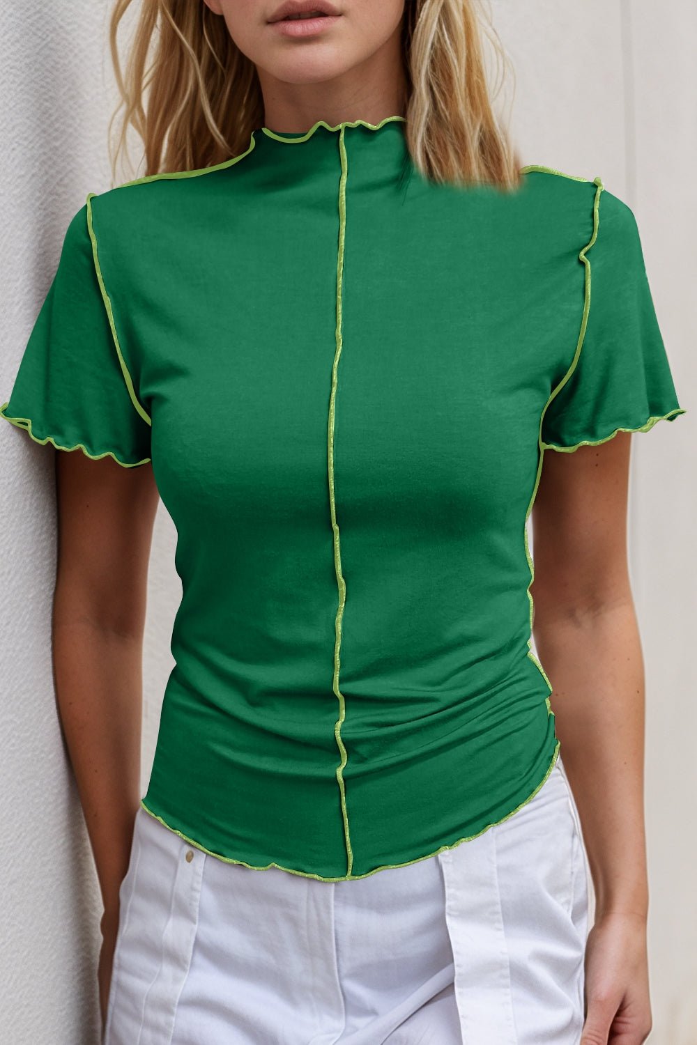 Basic Bae Contrast Trim Mock Neck Short Sleeve T-Shirt - The Coin Has A Say