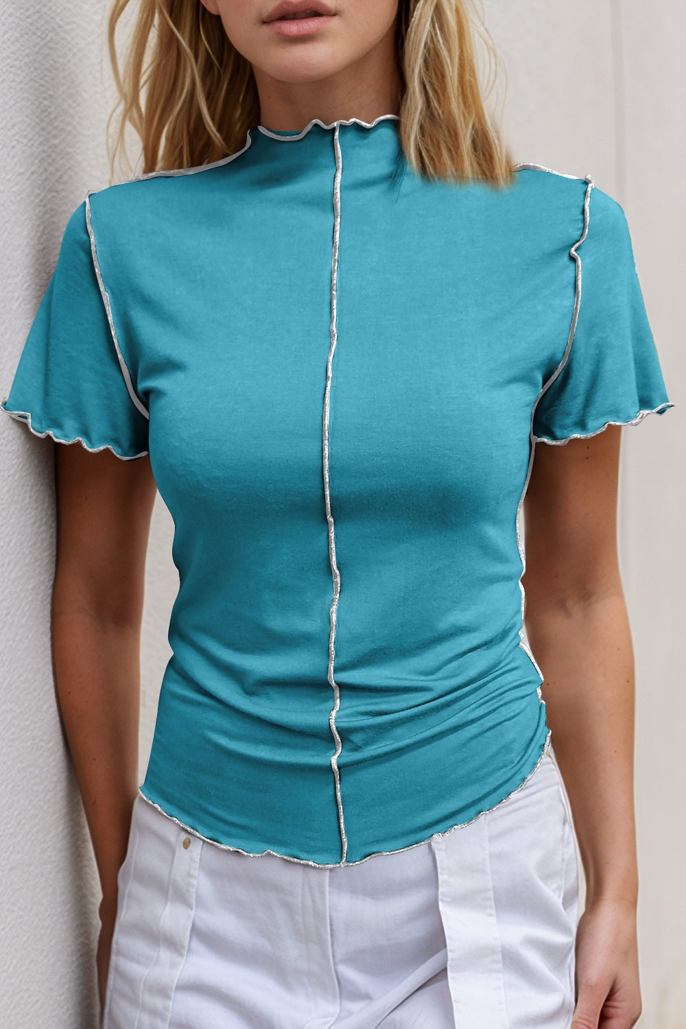 Basic Bae Contrast Trim Mock Neck Short Sleeve T-Shirt - The Coin Has A Say