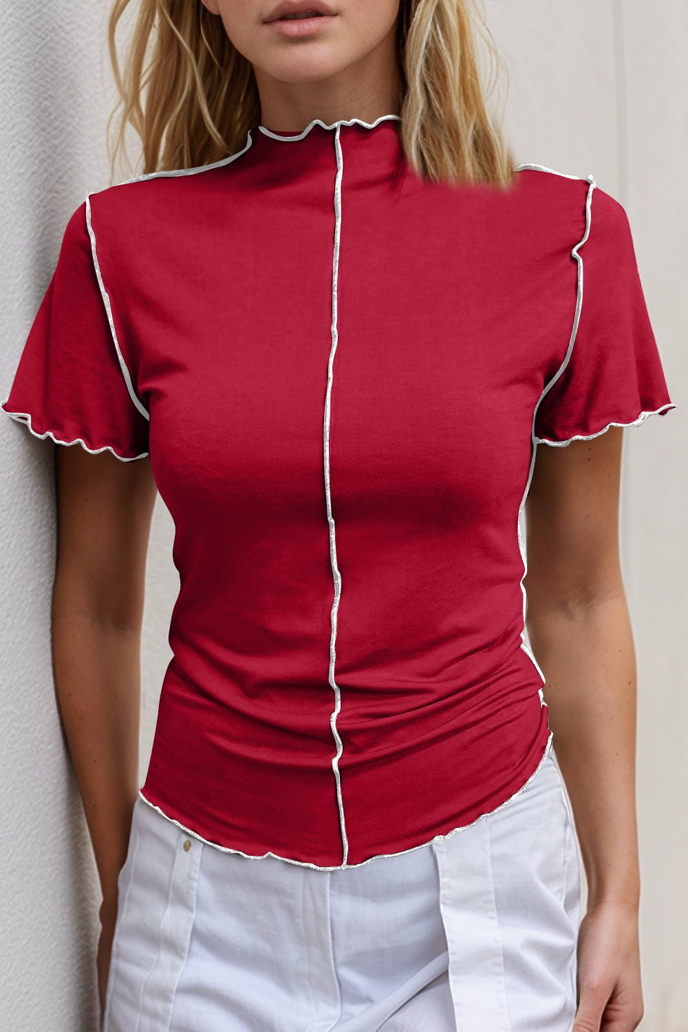 Basic Bae Contrast Trim Mock Neck Short Sleeve T-Shirt - The Coin Has A Say