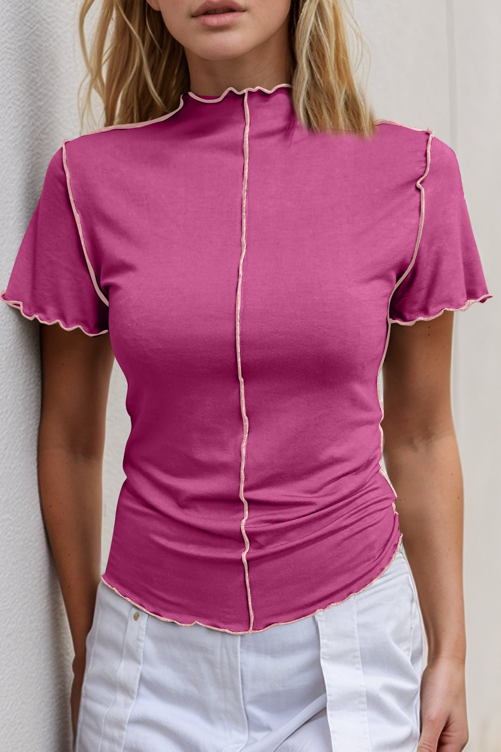Basic Bae Contrast Trim Mock Neck Short Sleeve T-Shirt - The Coin Has A Say