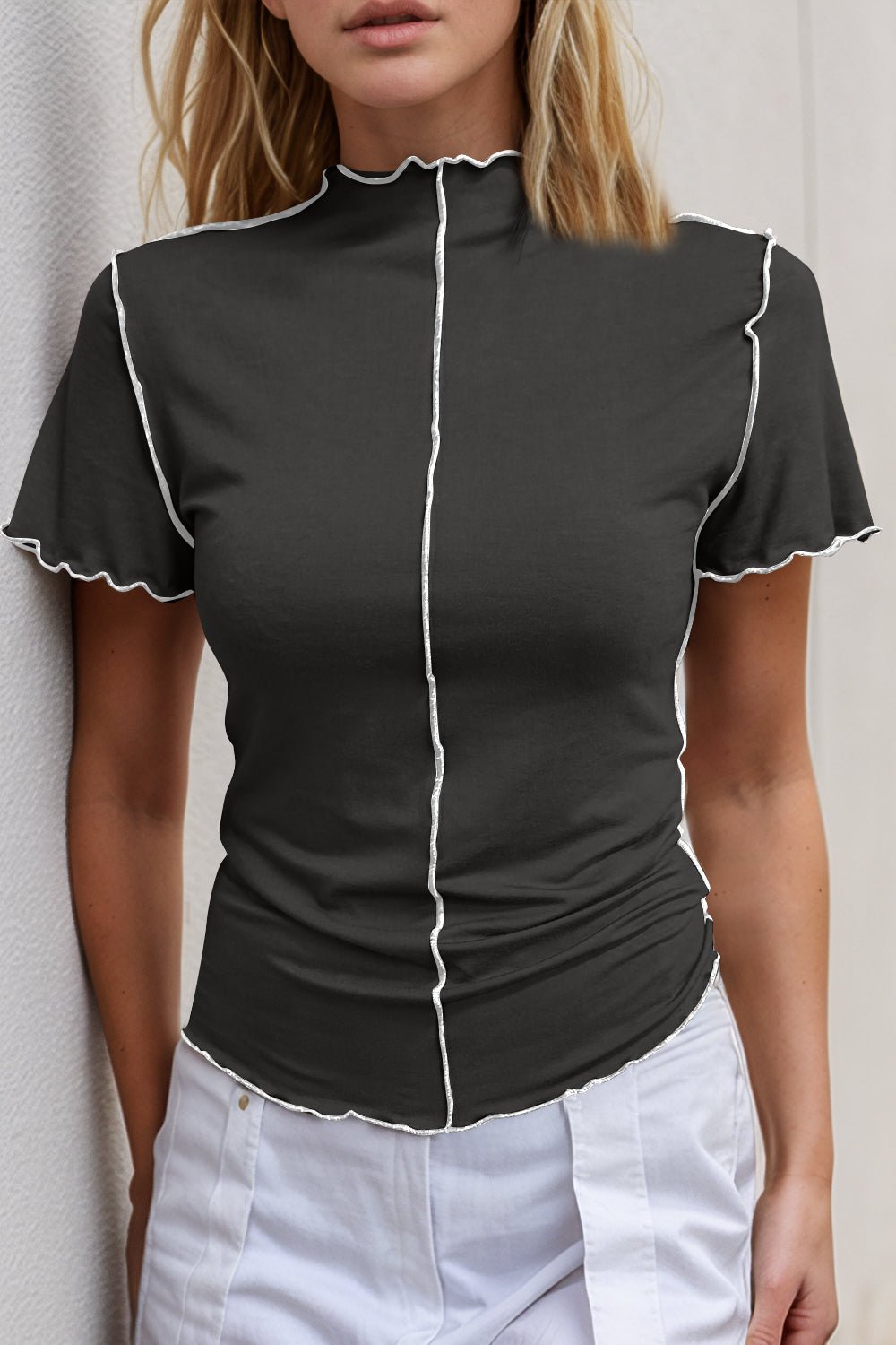 Basic Bae Contrast Trim Mock Neck Short Sleeve T-Shirt - The Coin Has A Say