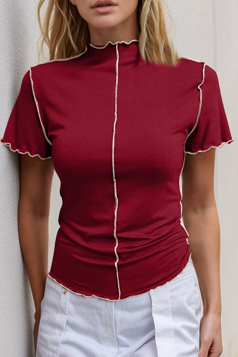 Basic Bae Contrast Trim Mock Neck Short Sleeve T-Shirt - The Coin Has A Say