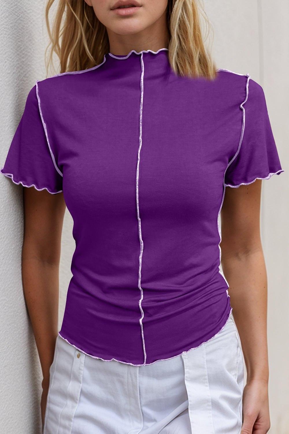 Basic Bae Contrast Trim Mock Neck Short Sleeve T-Shirt - The Coin Has A Say