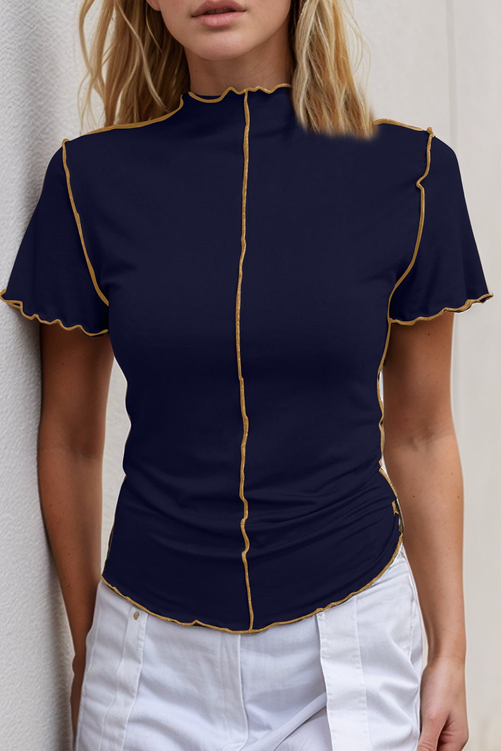 Basic Bae Contrast Trim Mock Neck Short Sleeve T-Shirt - The Coin Has A Say