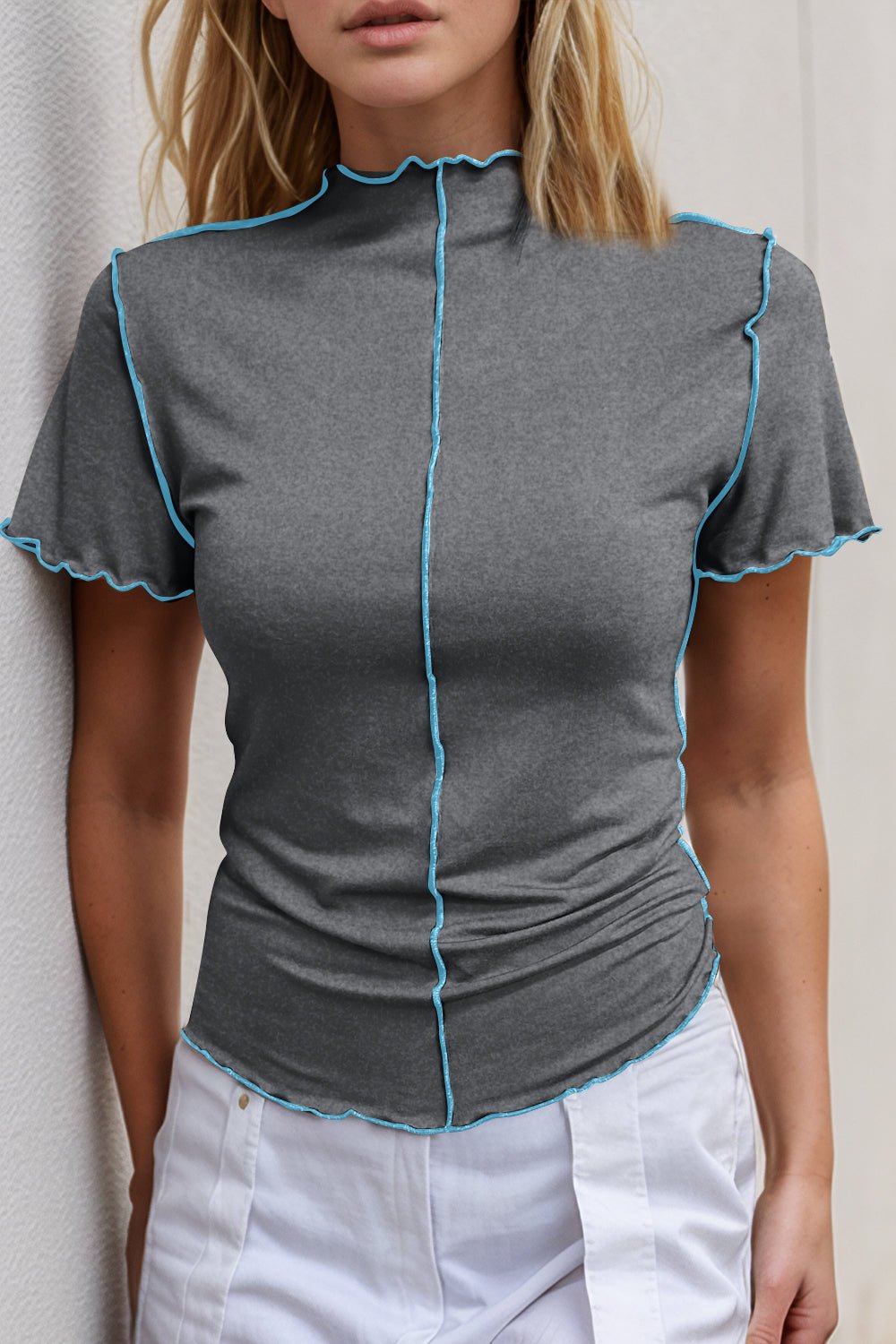 Basic Bae Contrast Trim Mock Neck Short Sleeve T-Shirt - The Coin Has A Say