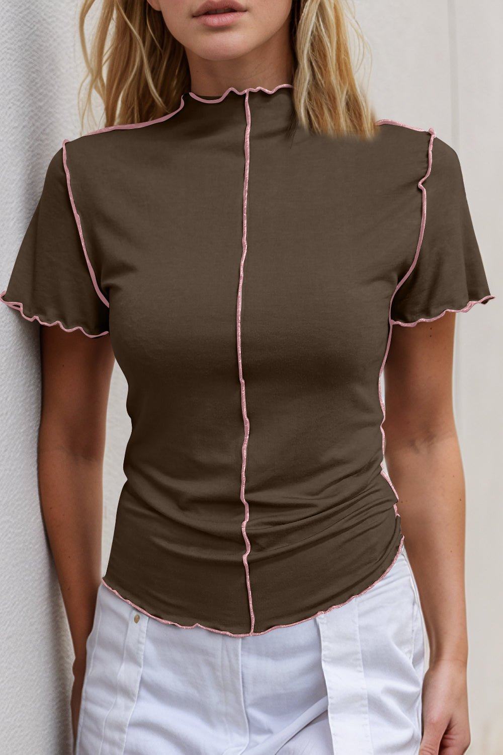 Basic Bae Contrast Trim Mock Neck Short Sleeve T-Shirt - The Coin Has A Say