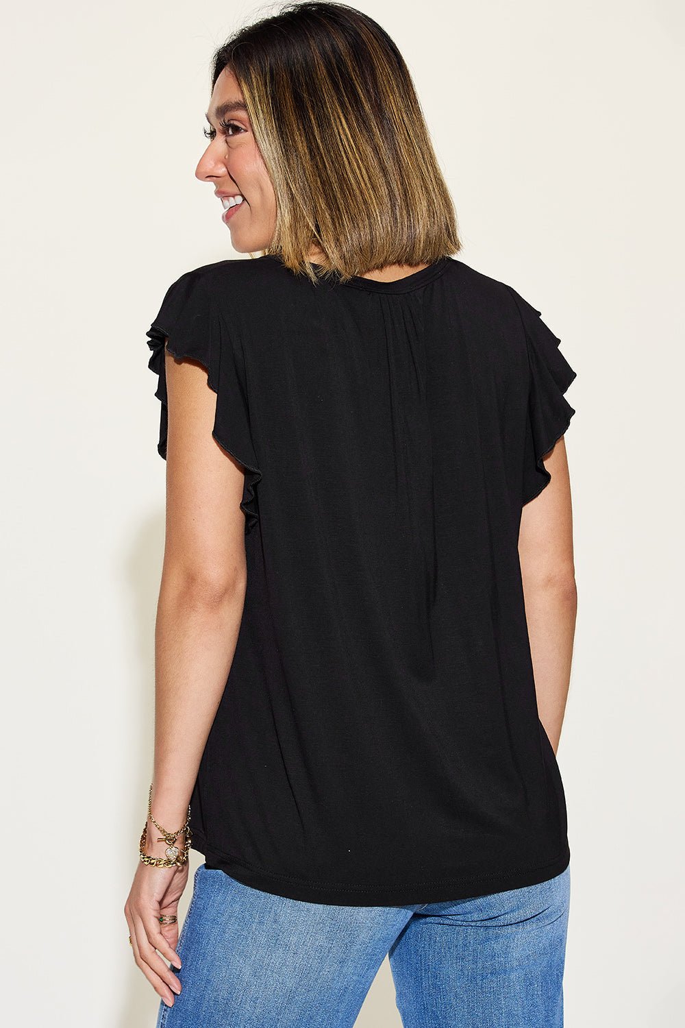 Basic Bae Full Size Bamboo Notched Ruffled Short Sleeve T-Shirt - The Coin Has A Say