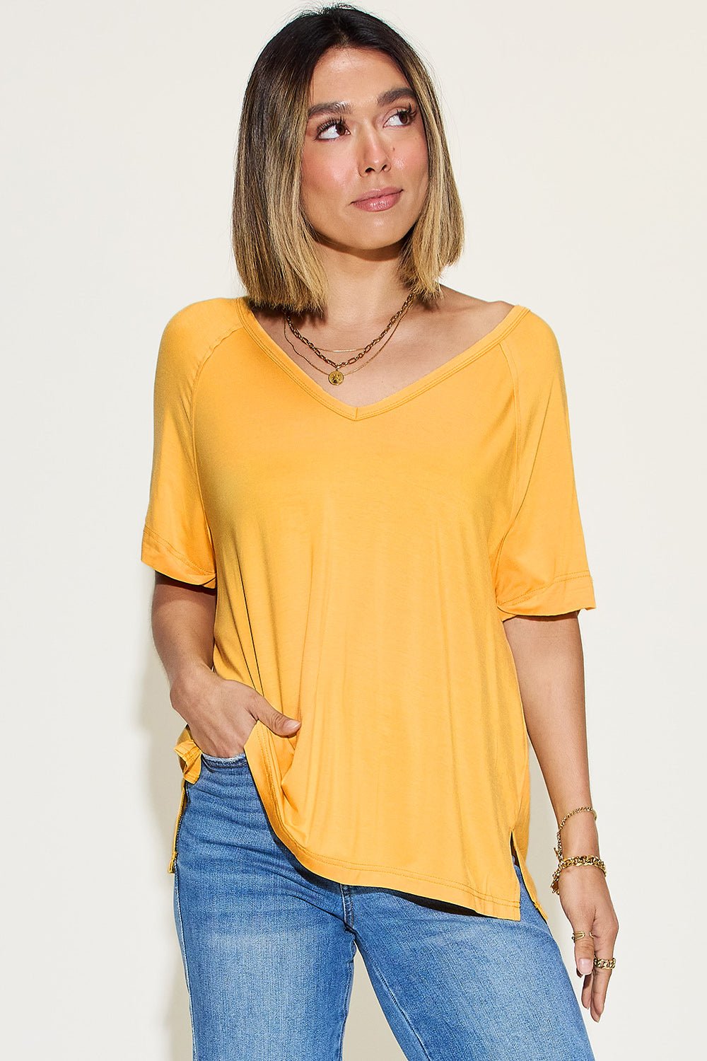 Basic Bae Full Size Bamboo Slit V-Neck Short Sleeve T-Shirt - The Coin Has A Say