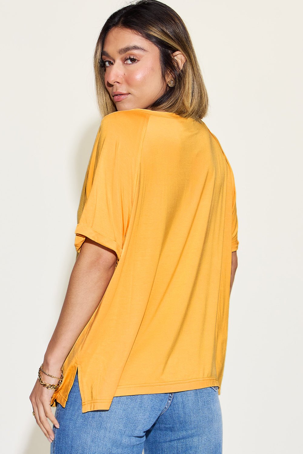 Basic Bae Full Size Bamboo Slit V-Neck Short Sleeve T-Shirt - The Coin Has A Say