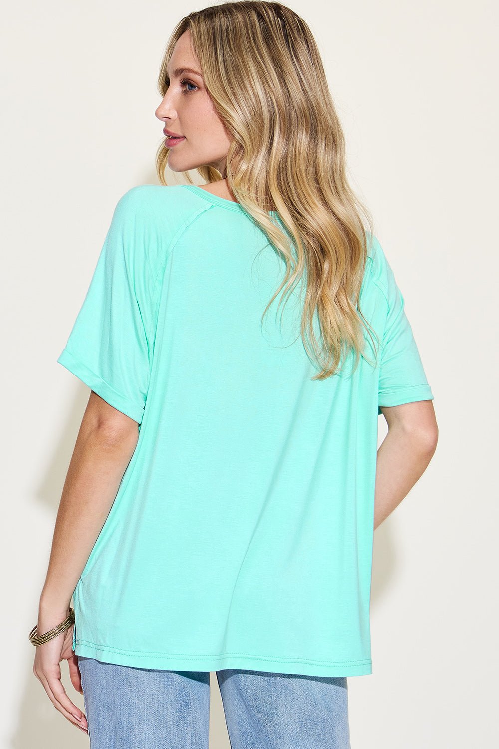 Basic Bae Full Size Bamboo Slit V-Neck Short Sleeve T-Shirt - The Coin Has A Say
