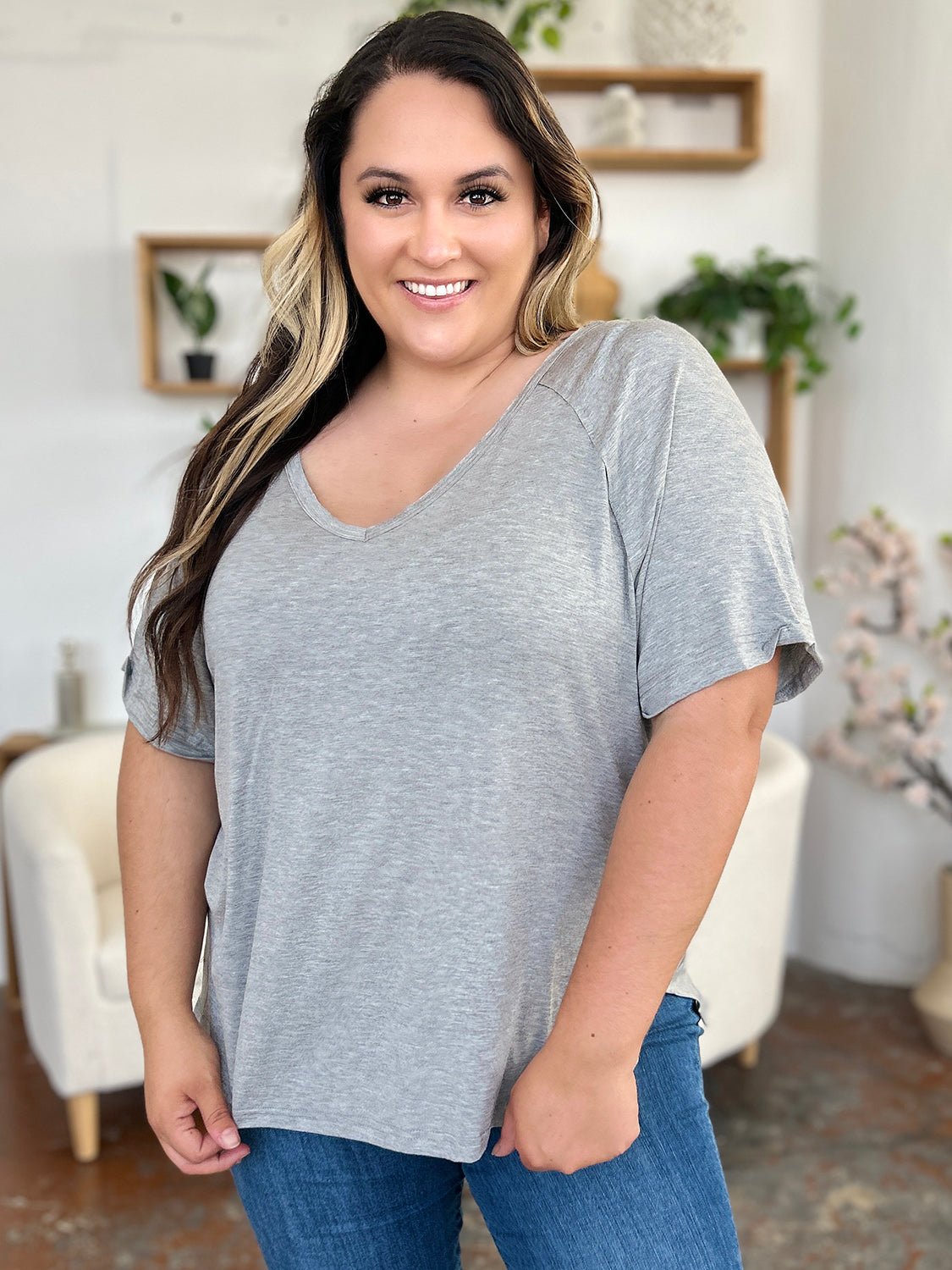 Basic Bae Full Size Bamboo Slit V-Neck Short Sleeve T-Shirt - The Coin Has A Say